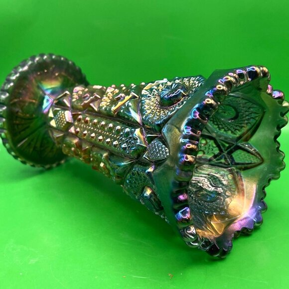 Vintage 1950s Imperial Carnival Glass Daisy Button Green Flared Vase Crimped Rim - Picture 1 of 16